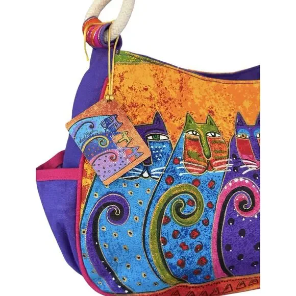 Laurel Burch Fantasticats Purse Shoulder Bag 6 Cats Zip Canvas Wood Bag Charm - Picture 2 of 15
